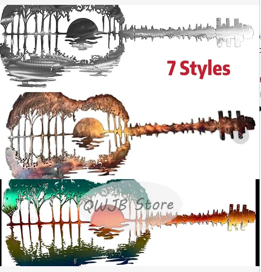 Guitarra abstracta de Metal para colgar en la pared, arte de hierro de precisi&oacute;n, reflejo de puesta de sol, decoraci&oacute;n del hogar, regalo colorido r&uacute;stico Vintage-0
