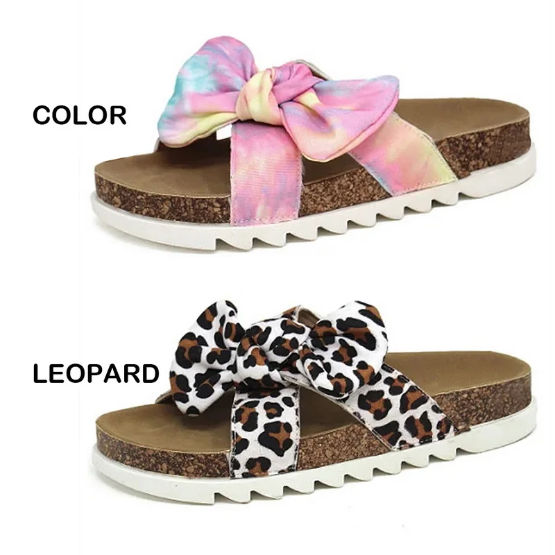 

2021 Summer New Women Slippers Fashion Thick-soled Beach Outer Bow Slippers Women's Large Size Cross Leopard Print Color Sandals
