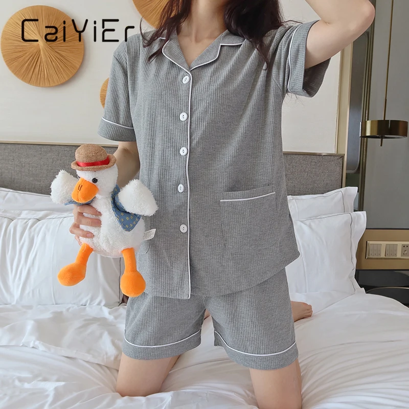CAIYIER Cotton Pajama Set Women Summer Short Sleeve Shorts Casual Solid Contracted Girl Turn-down Collar Sleepwear Homewear