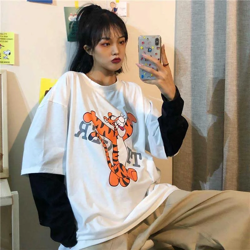 32618white NiceMix Harajuku/футболка с принтом тыквы и буквами; Поддельные 2 штуки; Лоскутная Повседневная футболка с длинными рукавами; женская и Мужская Уличная одежда; топы - Цвет: 32618white