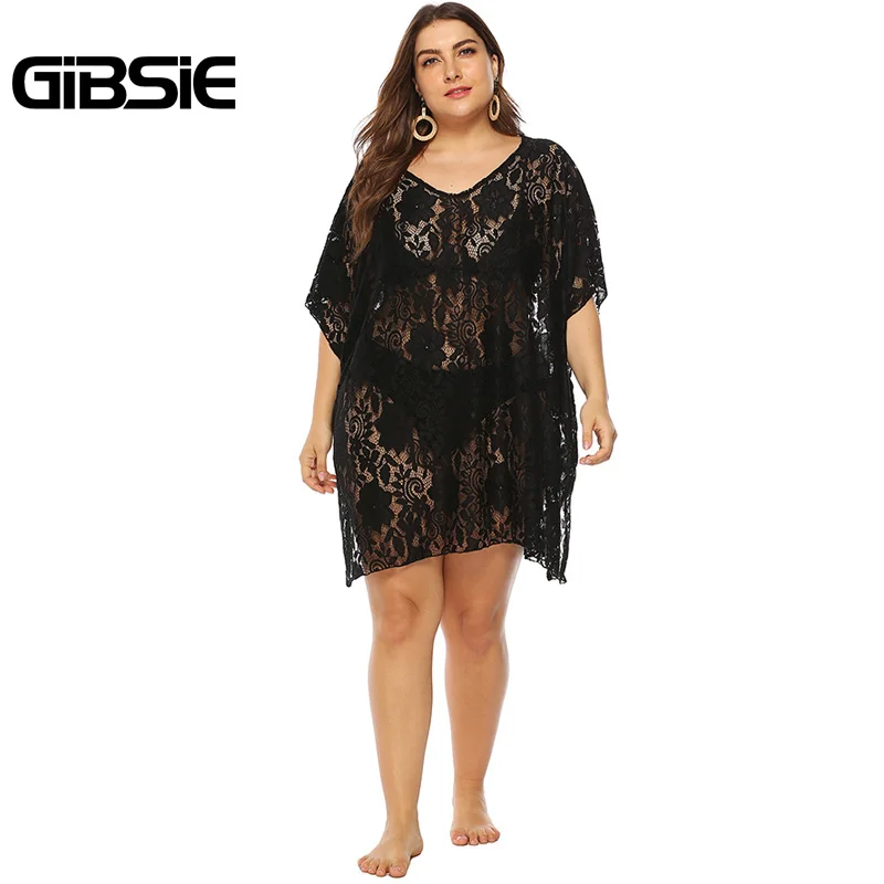 Женский прозрачный купальник бикини GIBSIE черный кружевной большого размера плюс