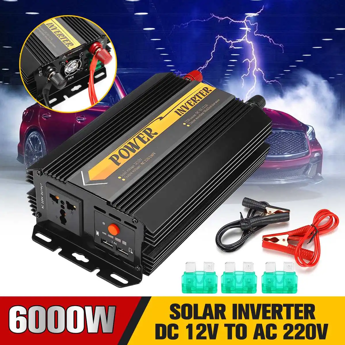 

Dual USB Car Inverter 12V 220V-240V 6000W Voltage Transformer Modified Sine Wave Power Inverter DC12V to AC220V-240V Converter