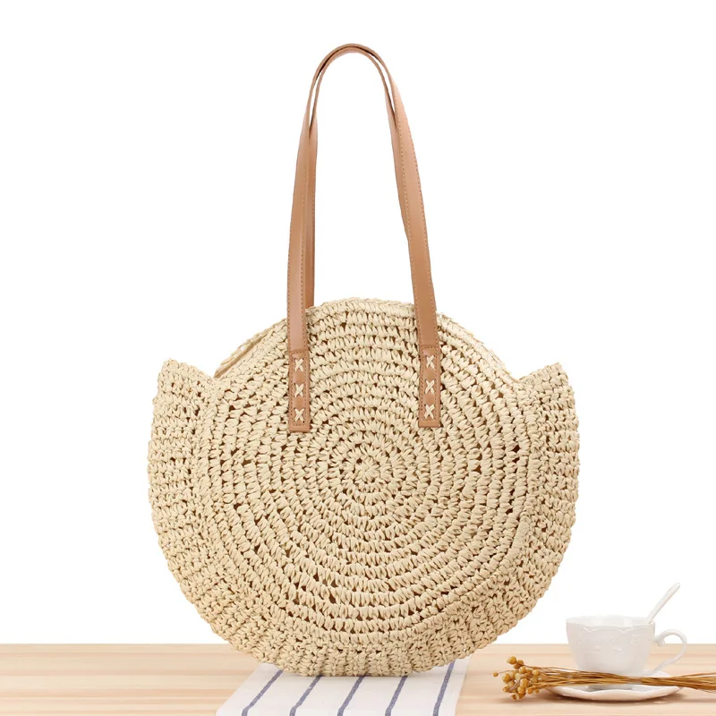 

Summer 2020 Round Straw Woven Tote Bag For Women Simple Wicker Bag Hand Woven Beach Cross Body Bag Fashion Information Handbag