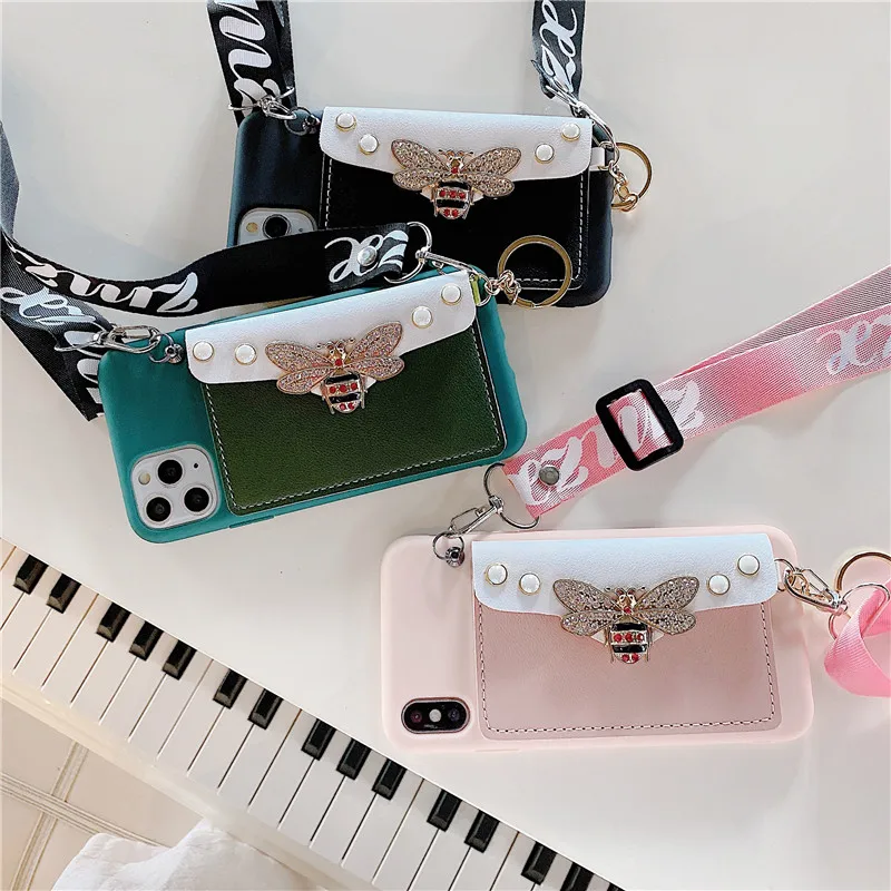 Роскошный брендовый 3D кошелек с жемчугом и Пчелкой кожаный мягкий чехол для iphone 13