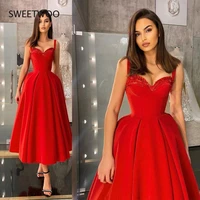 2021 new red velour evening dresses spaghetti straps fluffy skirt short prom gowns tea length party guest reception dress