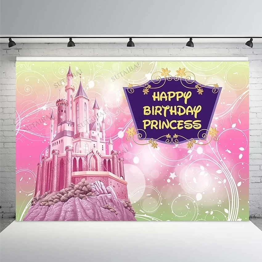 

Fairy Tale Pink Castle Backdrops Photography Princess Girl Birthday Party Photo Backgrounds Custom Banner Vinyl Backdrop Studio