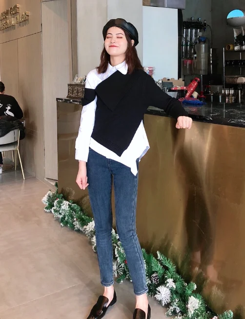 

Irregular Lapel Long Sleeve Slim-Fit Shirt Women's 2020 Spring New Black Knitted Jumper + Whiteblouse Two-Piece Set Female Top