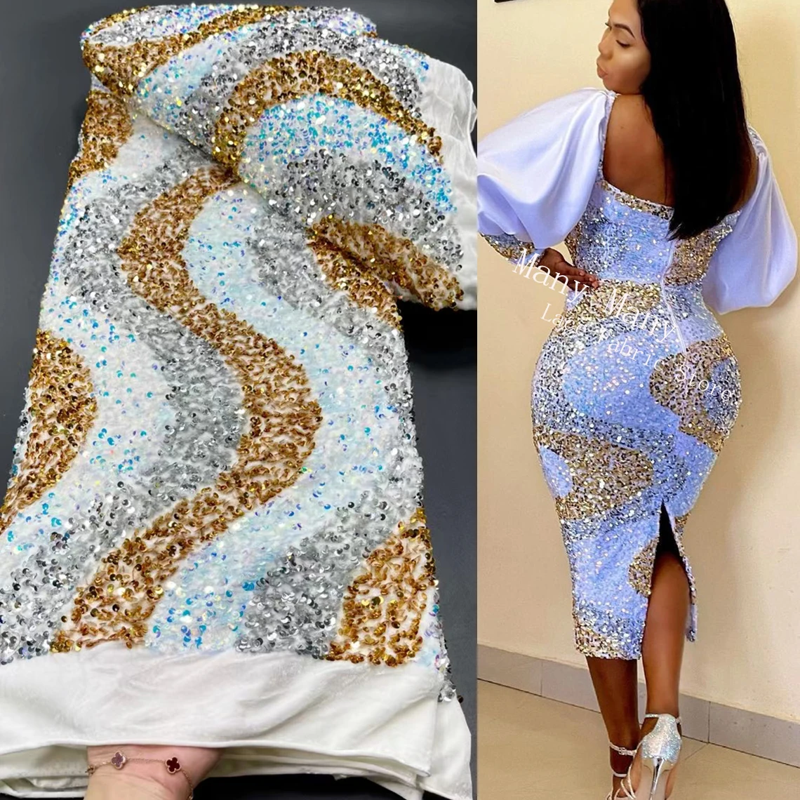 

Sequins Mesh Lace Fabric African Ankara Elastic Force Net Material Nigerian Noble Wedding Gown Dress DIY Sequined Laces Fabrics