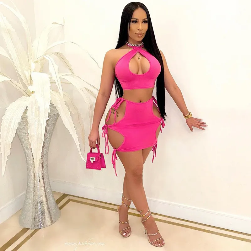 

Ladies Sexy Clubwear Top&Skirts Fashion Suit Summer Women Halter Backless Crop Tops+Lace Up Hollow Skirts Bodycon Outfits 2 Pcs