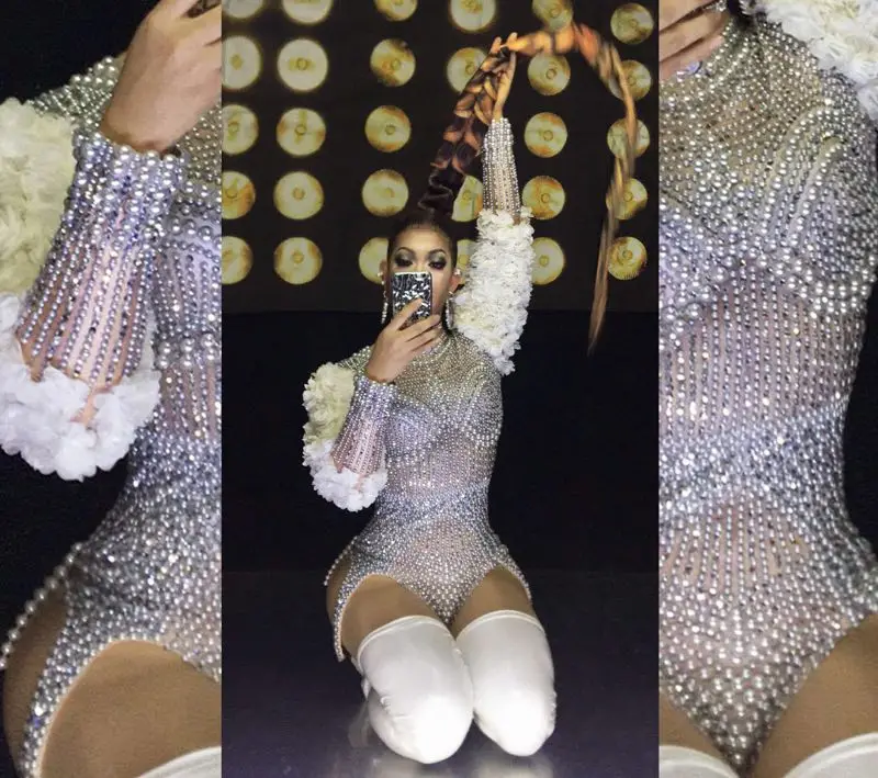 Female Singer Dancer sleeve flower Costume Silver Sparkly Rhinestones Pearls Petal Sleeve Bodysuit Luxurious Stage Dance Clothes