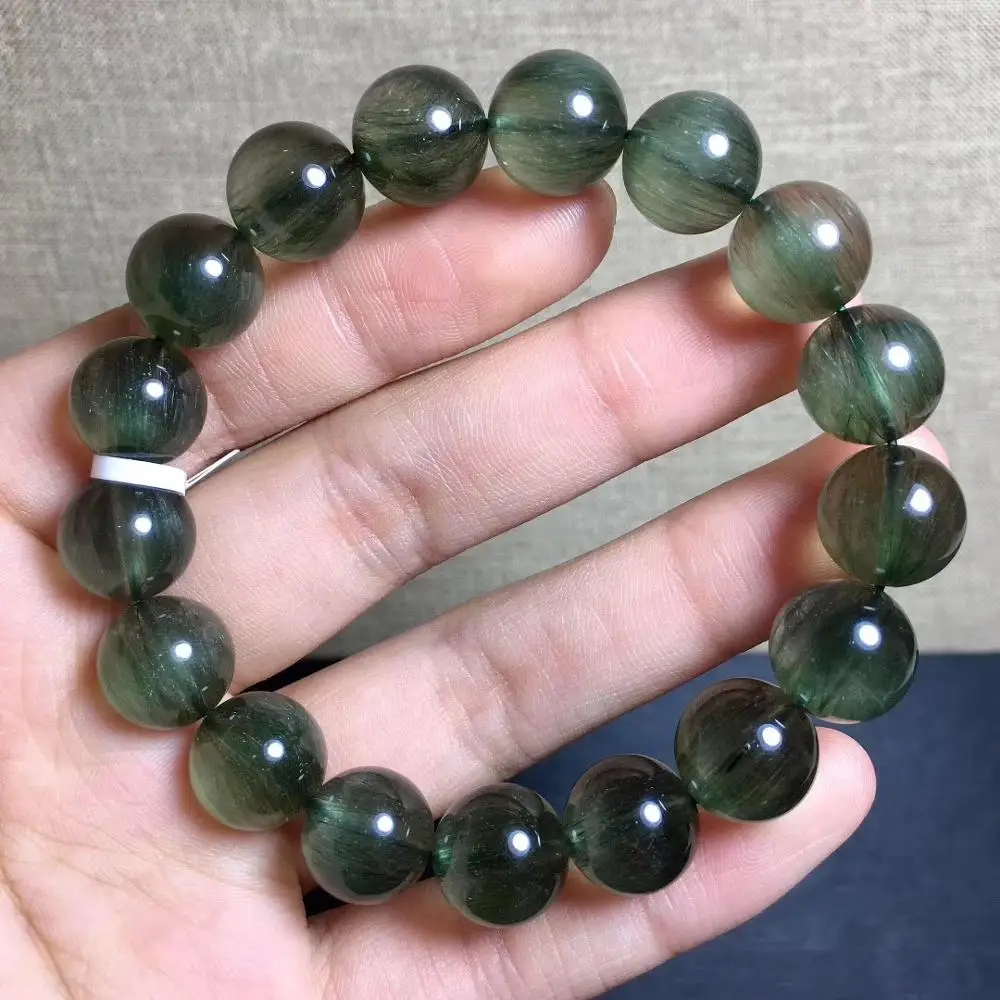 

Certificate 12mm Natural Green Rutilated Bracelet For Woman Man Cat Eye Crystal Stretch Round Beads Lucky Stone Jewelry AAAAAA