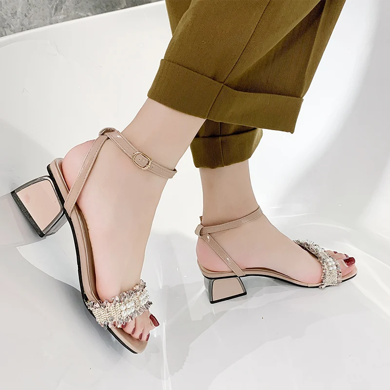 

Open Toe 2021 Sandals Clear Heels Ladies Shoes Summer Buckle Strap Med Suit Female Beige All-Match Espadrilles Platform Peep New