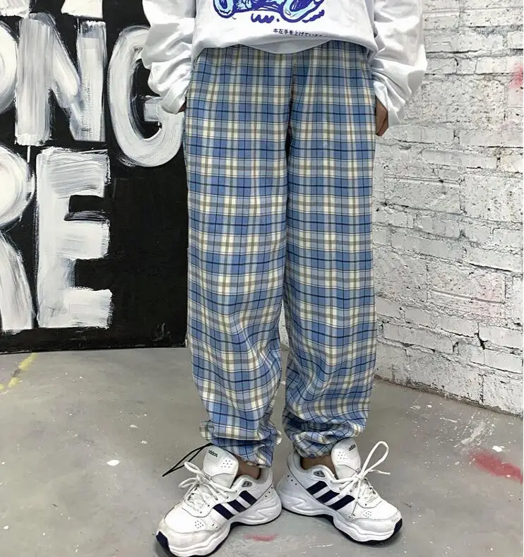 

Korea Harajuku style retro plaid casual wide-leg pants women