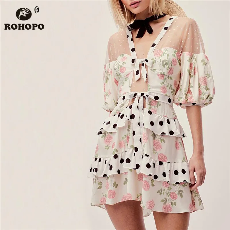 ROHOPO/розовое платье в горошек с каскадными оборками Сетчатое шифоновое нарядное