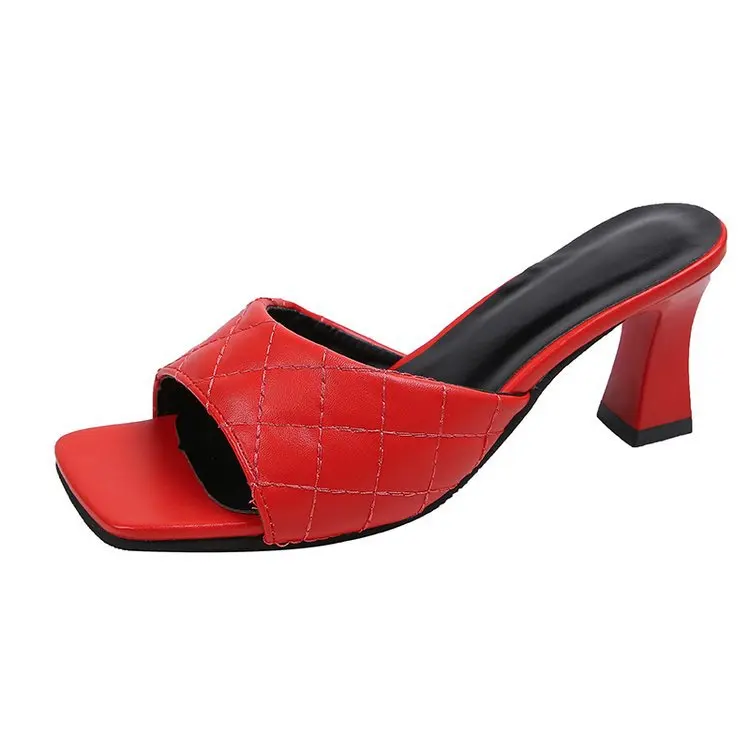 

Low Shoes Woman 2021 Female Slippers Square heel Heeled Mules Big Size New Block High Cotton Fabric PU Slides Rome Basic TPR Toe
