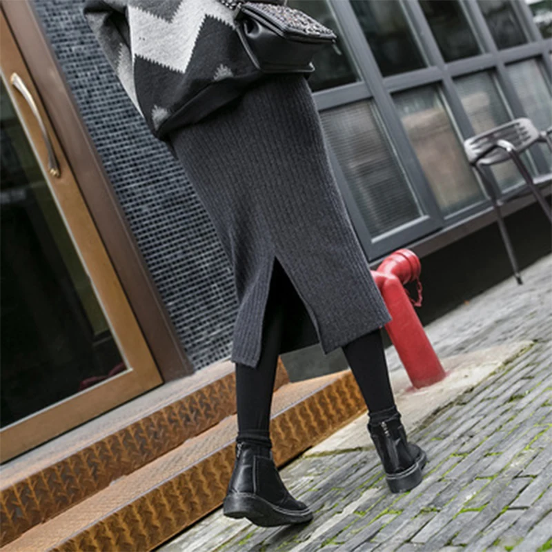 Женская трикотажная юбка осень зима с высокой талией внахлест длинная карандаш