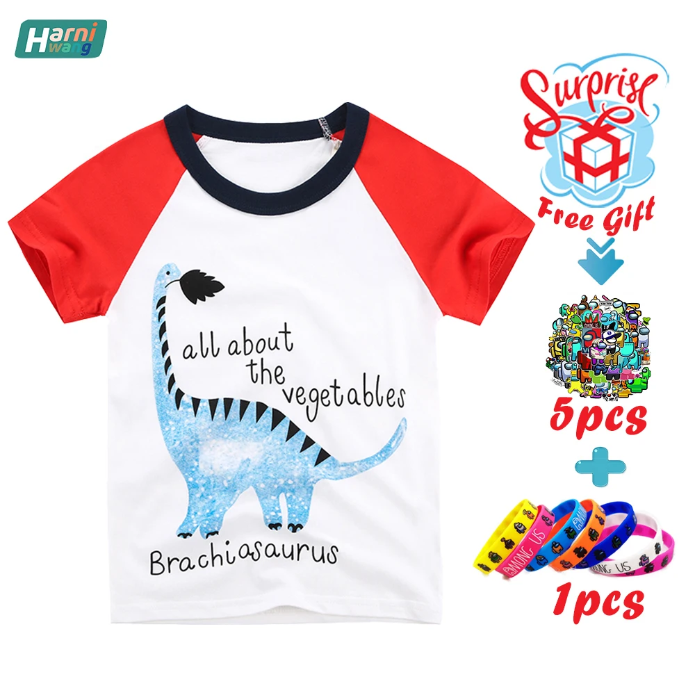 

Children's Cotton Dinosaur Pattern T-shirt Comfortable Top Suitable For 2-8 Years Old Baby Activities Free Sticker And Wristband