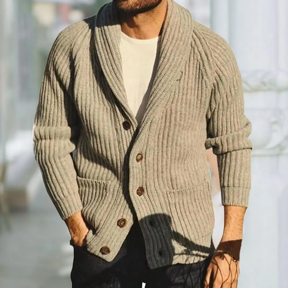 

Khaki Sweater Men Wool Turn-down Collar Knitted Cardigan Fashion Turndown Collar Woolen Yarn Keep Warm Men Clothing Cardigan