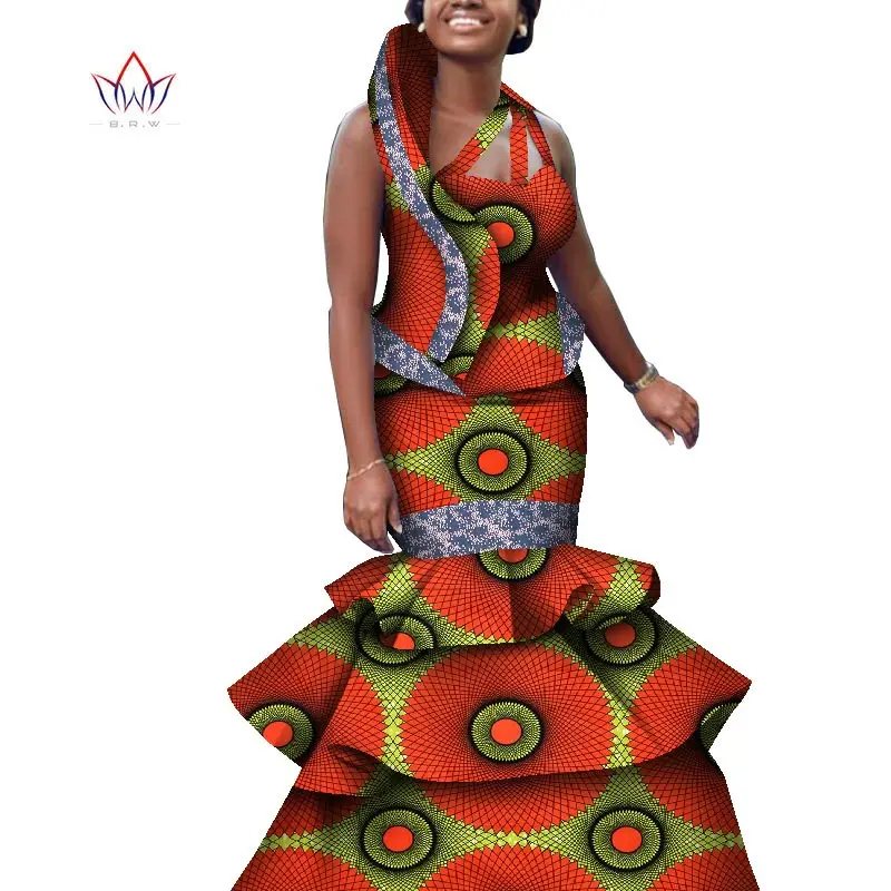 Custom African Women Two-piece Suit Sleeveless top+overlapping Pleated Floor Length Skirt 2 Pieces African Style Clothing WY8597