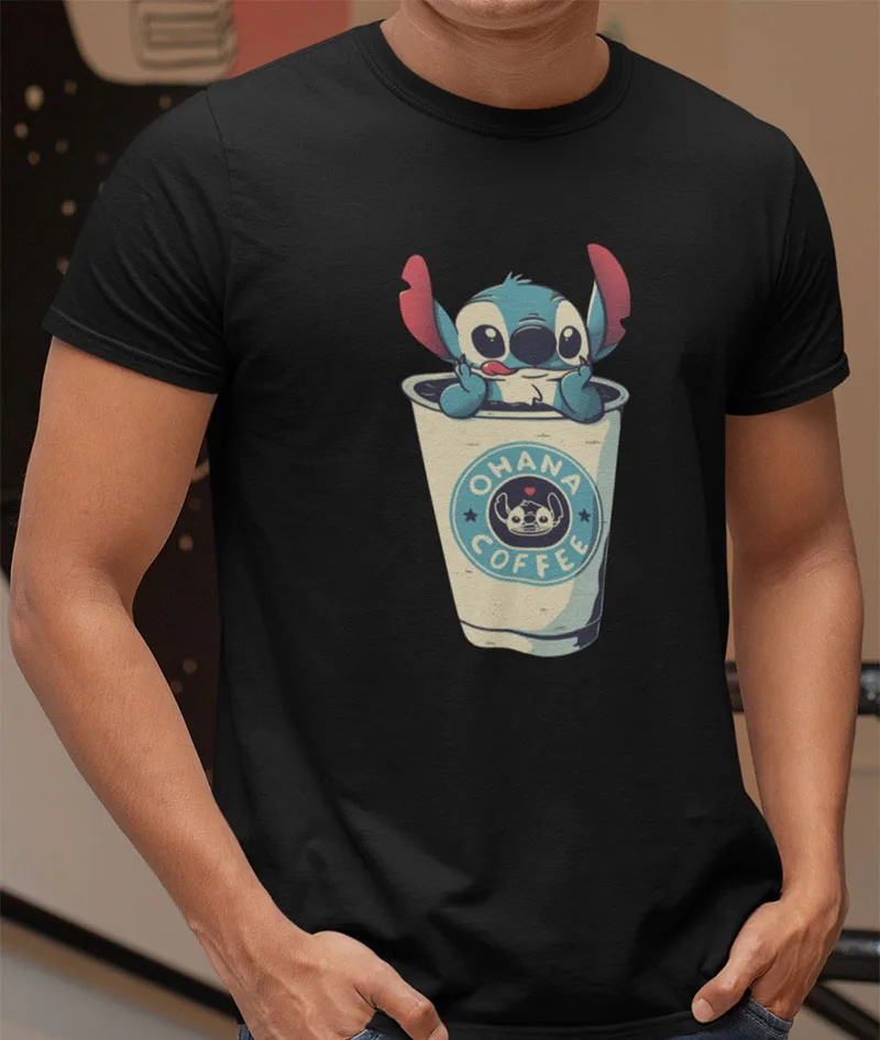 Лило и Стич футболка Ohana кофе с короткими рукавами хлопковые футболки Стандартный ЕС Размер Приключения Забавный мультфильм футболка