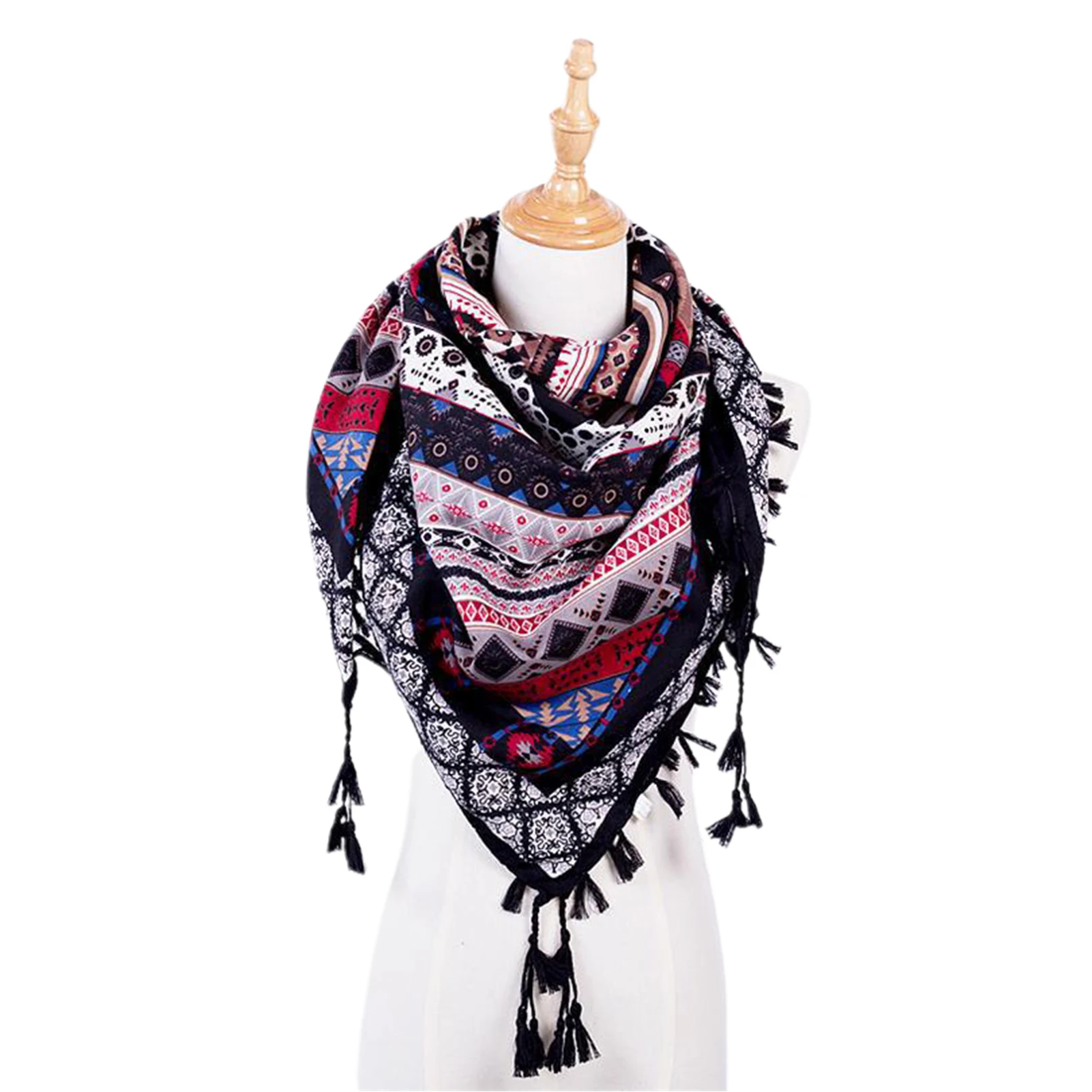 

Boho Women Winter Neck Wrap Long Warm Scarf Ethnic Print Triangle Tassel Shawl