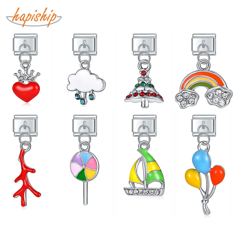 Шарм для браслета из нержавеющей стали диаметром 9 мм, коралловый парусник, Радужный леденец, любовь, сердце, итальянские звенья, DJ300