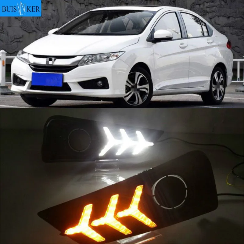 

2Pcs LED Daytime Running Light For Honda City Grace 2015 2016 2017 Yellow Turn Signal Relay Waterproof 12V DRL Fog Lamp