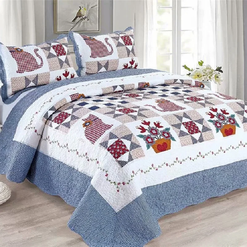 

Cotton Quilted Bedspread on the Bed with 2pcs Pillowcases Patchwork Quilt Blanket Linen Plaid Coverlet Cubrecam Bed Cover Colcha