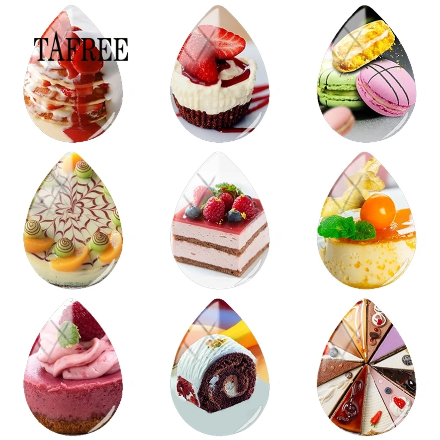 

TAFREE Cake Pattern Jewelry Dessert Paintings Tear Drop Cabochon Handmade Glass Cabochons Gifts Women s/lot