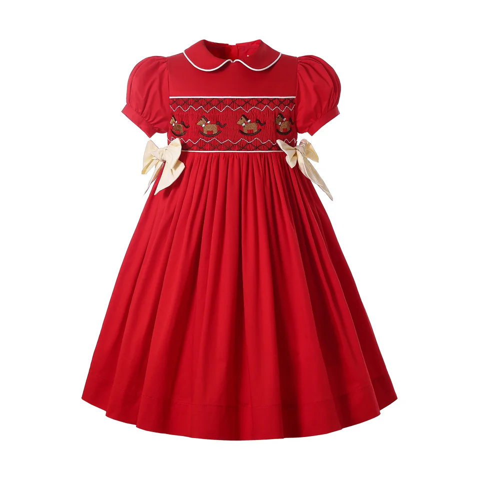 

New Autumn kids Vintage Baby Girls Handmade Smocked Red Christmas Wedding Cotton Dresses Clothing Outfit Size 2 3 4 5 6 8 10 12Y