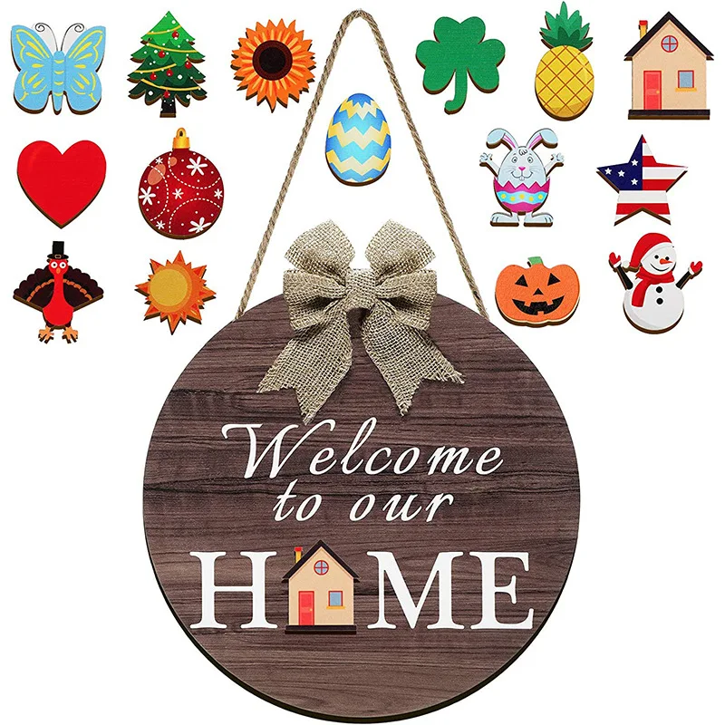 

DIY Interchangeable Wooden Sign Welcome Door Hanger Door Decoration Wall Wreath Welcome Door Decoration Outdoor Sign Pendant