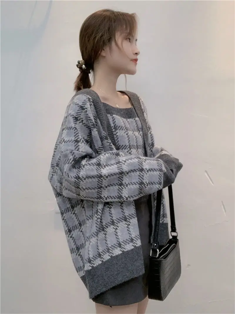 

Retro Sweater Set Women's Wide Sling Check Vest +Cardigan Jacket Two-Piece Suit Fall Fashion Warm Knit Camisas Mujer 2020 Y711