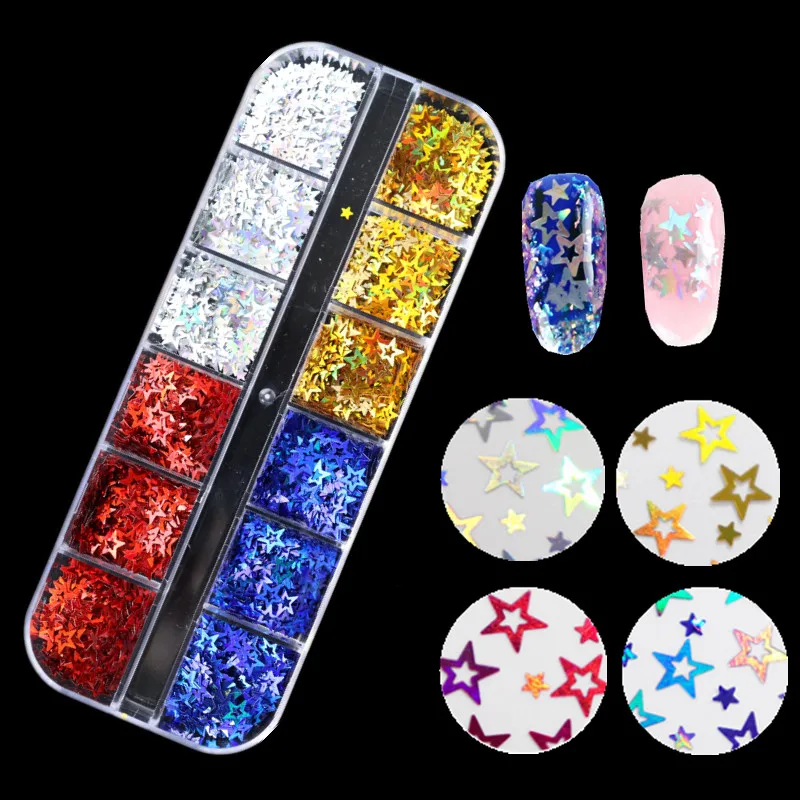 

Holographic Nail Glitter Flake Laser Hollow Star 4 Colors Nail Sequins for Gel Polish Manicure Profession Nail Art Decorations