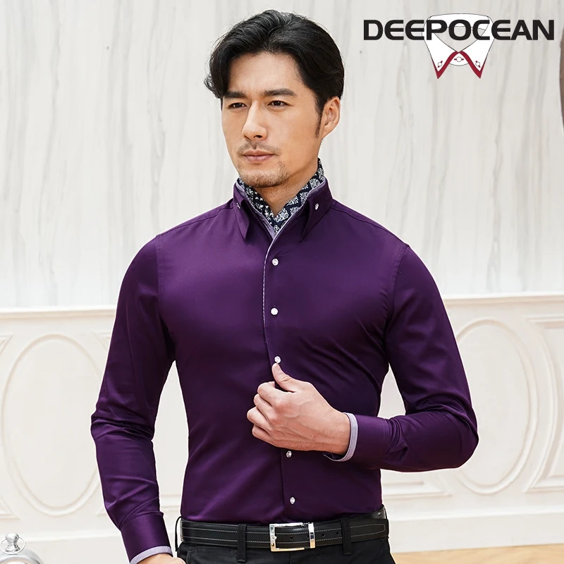 DEEPOCEAN Pure Cotton V-neck Shirt Men's Long Sleeve Shirt Casual Business Mercerized Cotton Slim Korean Style Handsome