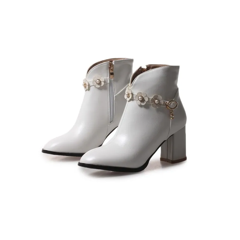 Big Size European and American Wind Tip Side Zipper Button Flower Chain Short Boots Trend | Обувь