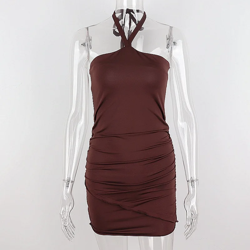 

2021 Summer Brown Sexy Fashion Halter Ruched Bodycon Dress For Ladies Vestido Club Party Chic Backless Sleeveless Dresses