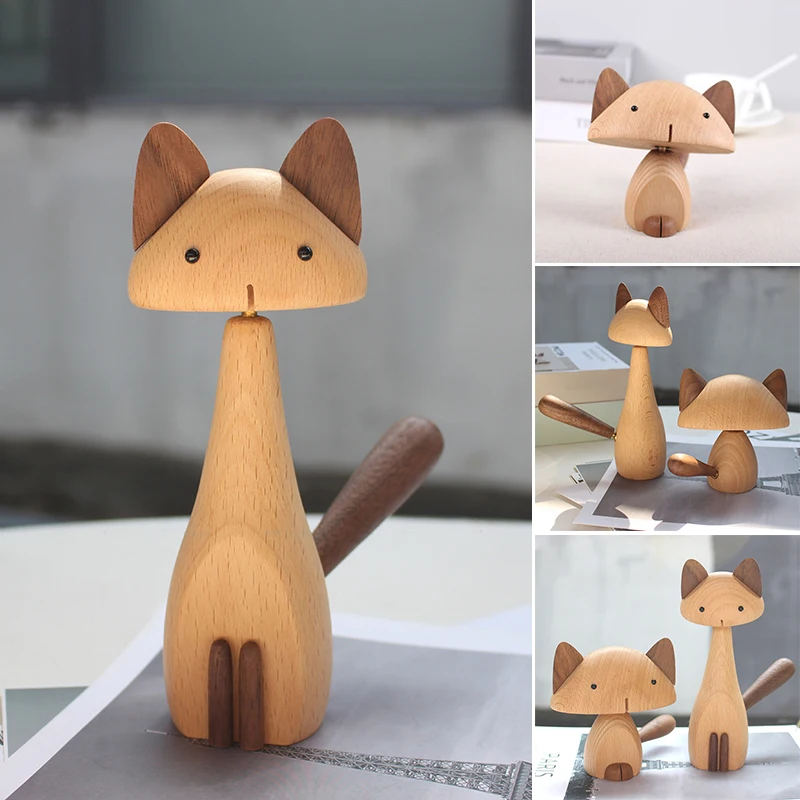 

Nordic Wooden Cat Handmade Figures Walnut Lovely Toys With Movable Joint Home Decoration Desktop Ornament Kids Toys Gift