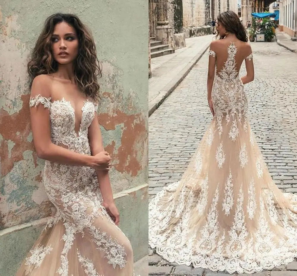 

Vestido de noiva Illusion Back Mermaid Champagne Lace Bridal Dresses 2020 Off The Shoulder Appliques Tulle Wedding Gowns