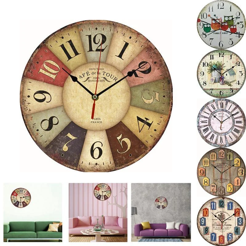 

Wall Giant Wall Clock Colorful Retro Vintage Rustic Wooden Home Round Face Decorations
