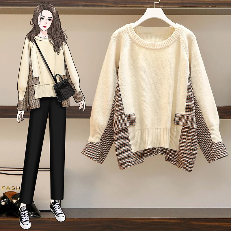 

4XL Autumn Winter Women's Knitted Sweater Plaid Patchwork Fake Two-piece Wool Women's Color-blocking Asymmetric Sweater 2021 New