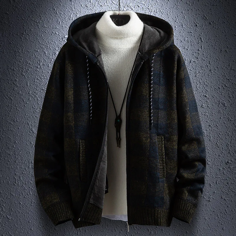 

Winter Thick Cardigan Men's Sweater Zipper Striped Hooded Fashion Warm Slim fit Knitted Sweater Male Fleece Hoodies Coats men