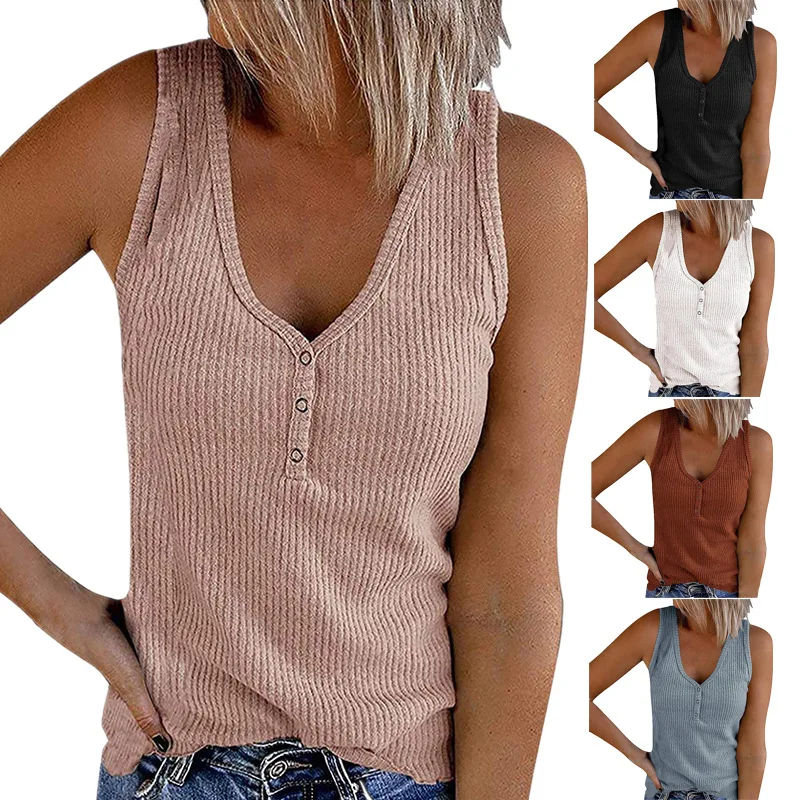 

Women Fashion Vest Tops New Summer New Style Women's Button Vest Solid Color V-neck Sleeveless T-shirt Top