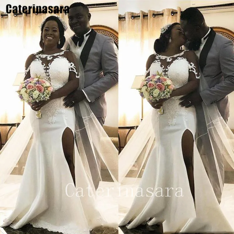 

2021 Illusion Sleeves Side Split Mermaid Wedding Dress Lace Bridal Gown Custom Made