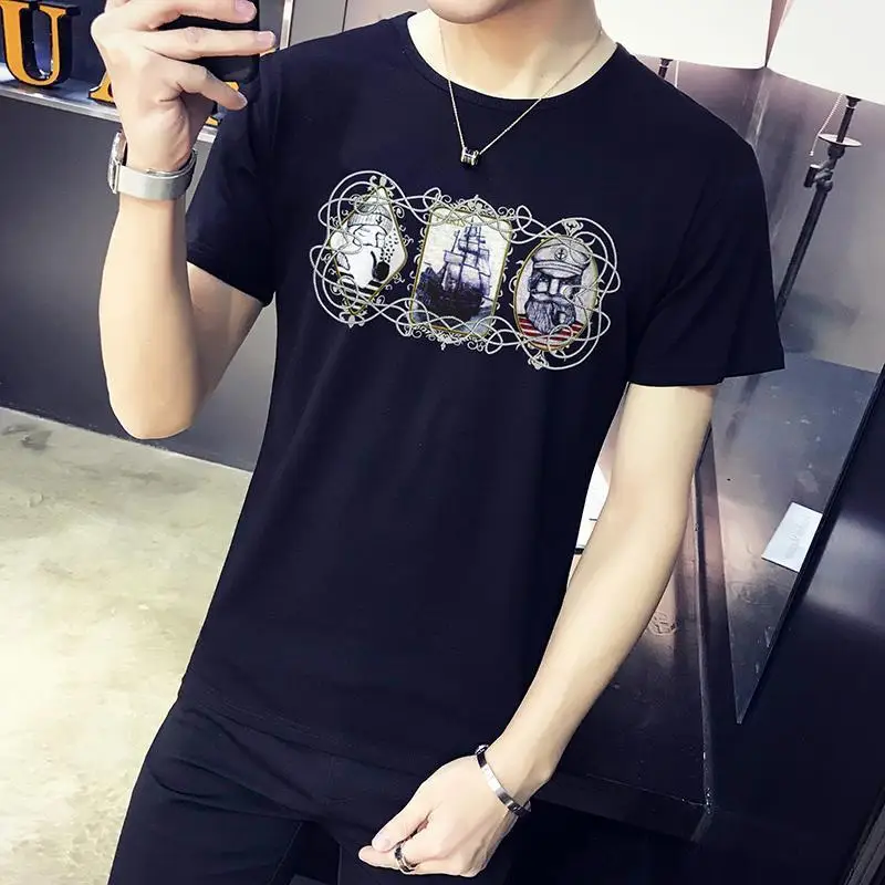 

2021 Men's Short Sleeve T-Shirt Round Neck Slim Black T-shirt Clothes Top Trend Half Sleeve HOT