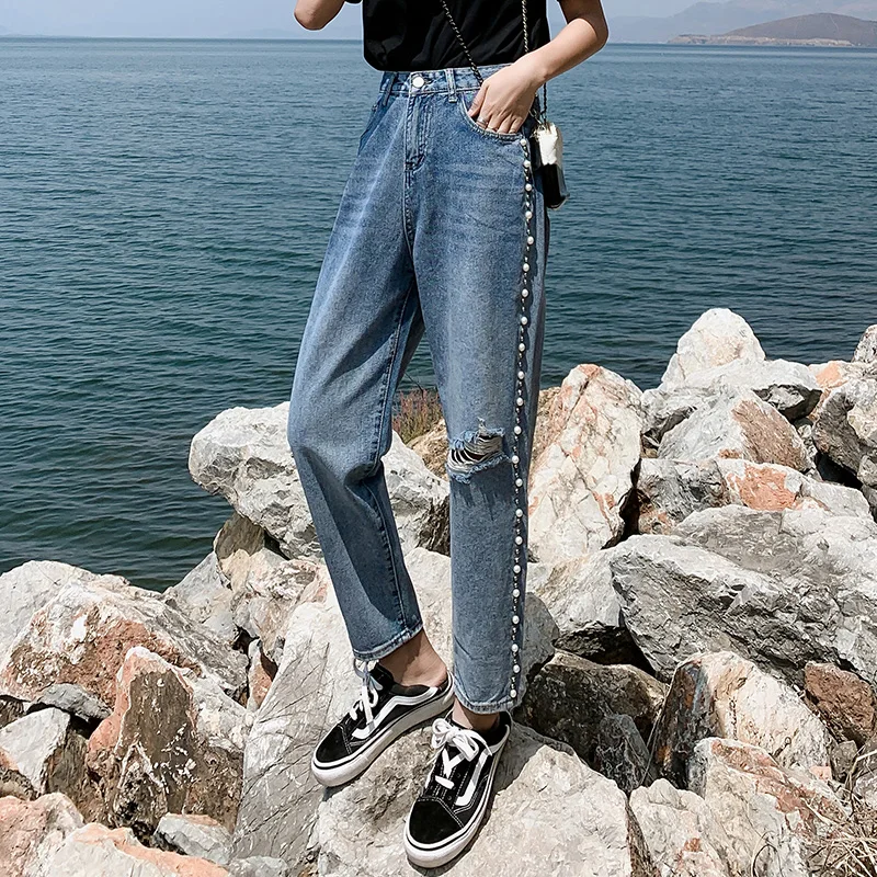 

Beaded Ripped Jeans Women's High Waist Spring and Autumn 2021 New Loose Wide-Leg Plus Size Female Straight Pants Fashion