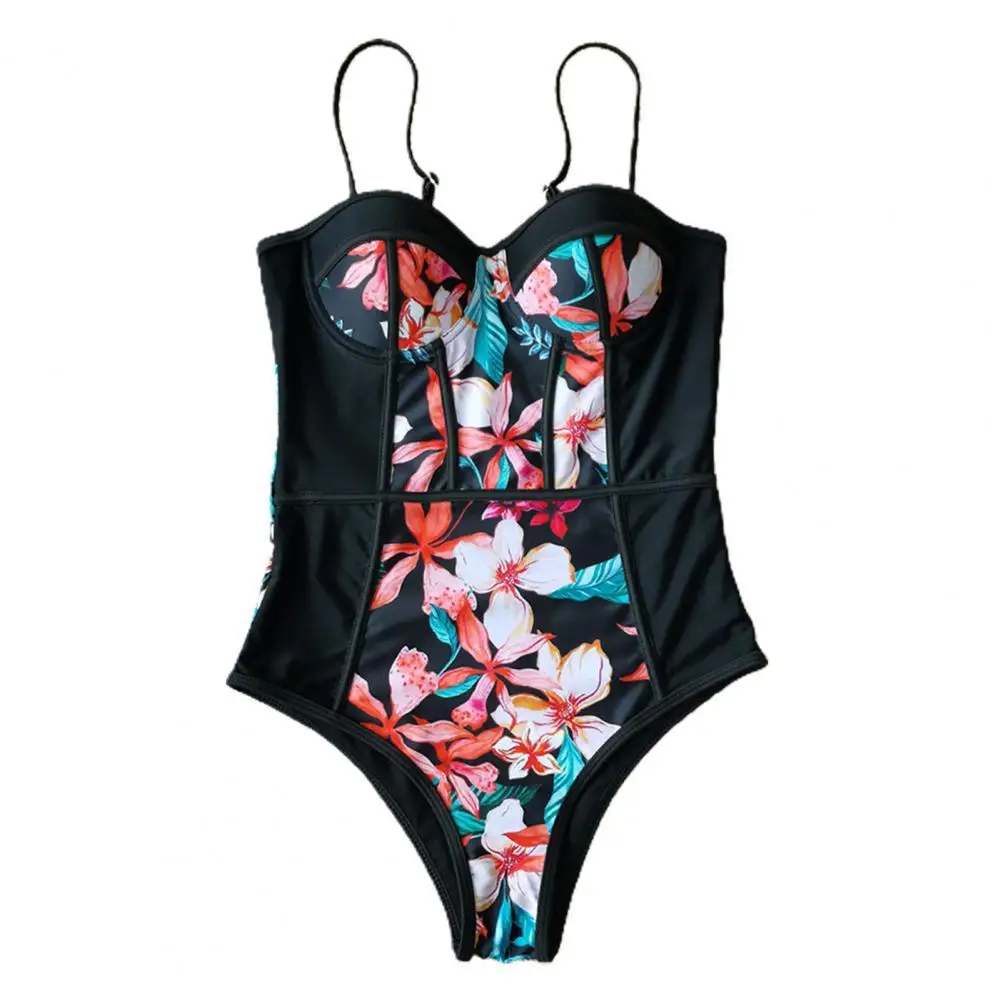 

Ladies Swimsuit Summer Cut Out High Waist One-piece Flower Print Spaghetti Straps Women Bikini Swimsuit for Beach Swimming Pool