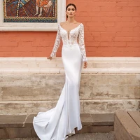 long sleeve mermaid wedding dress 2021 v neck lace appliques bridal gown elegant sexy sweep satin vestidos de noiva custom made