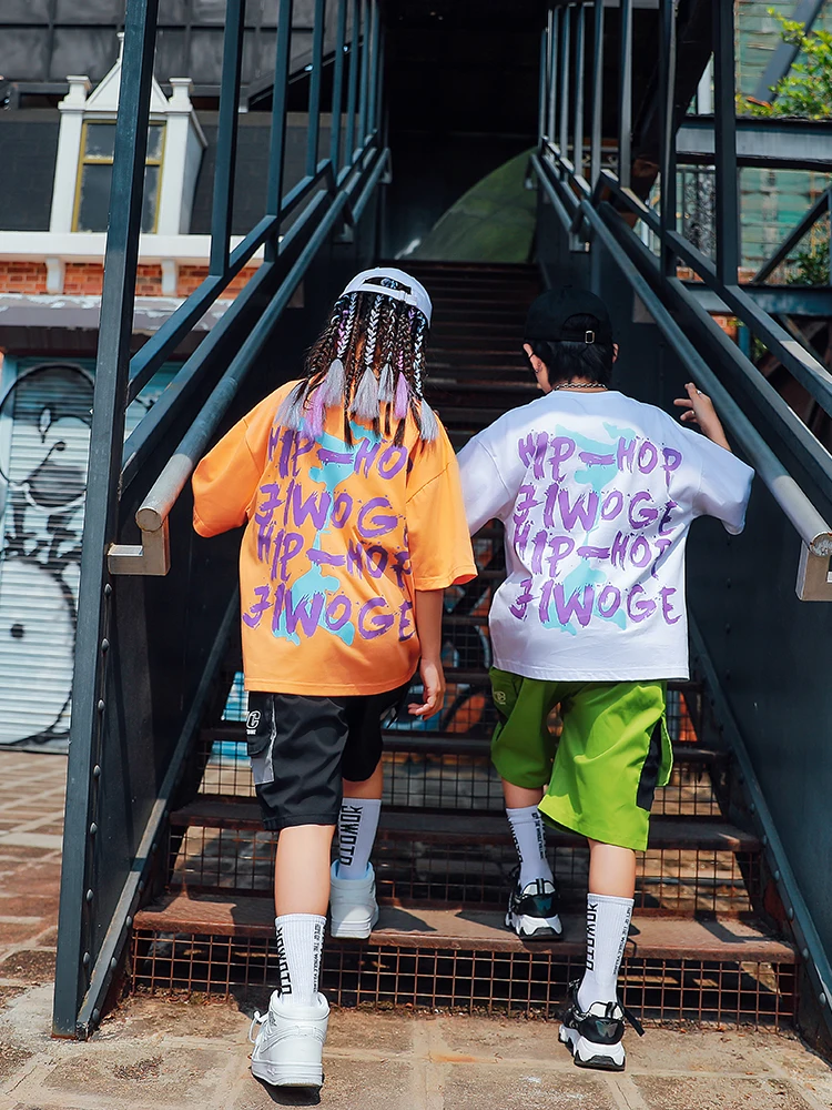 

Children's Day Jazz Street Dance Hip Hop Clothing White Tshirt Short Sleeve 2021 Trendy Girls Hiphop Performance Costumes BL6222