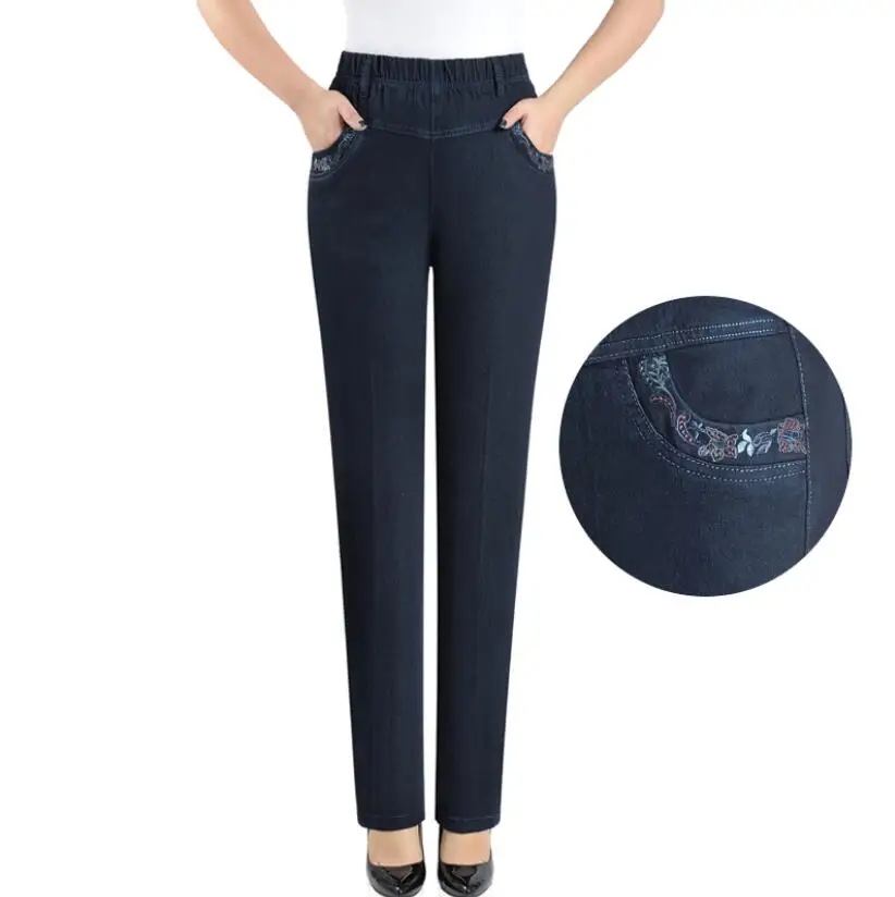 

Middle-aged Women High waist jeans women loose large size 5XL stretch straight Denim pants elastic waist Mother trousers w628