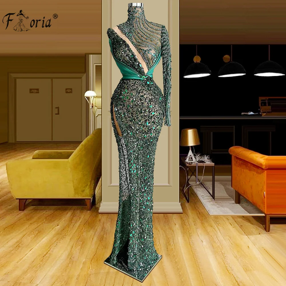 

Illusion Lace Beaded Emerald Green Evening Dresses High Neck One Shoulder Rhinestones Sexy Party Prom Gowns Robe De Soiree